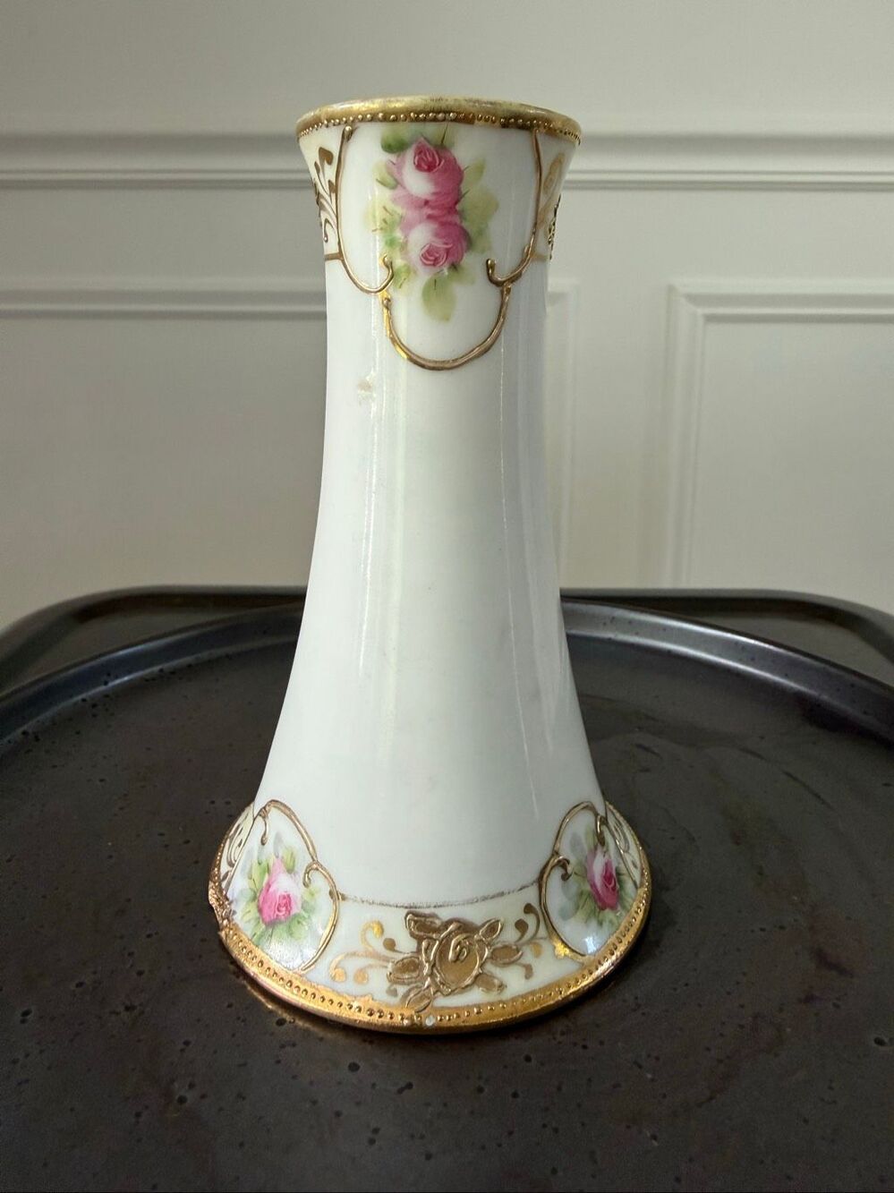 Vintage Hand Painted Nippon Gold Gilt Hat Pin Holder Bud Vase 4.75”